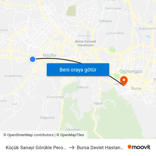 Küçük Sanayi Görükle Peronu to Bursa Devlet Hastanesi map