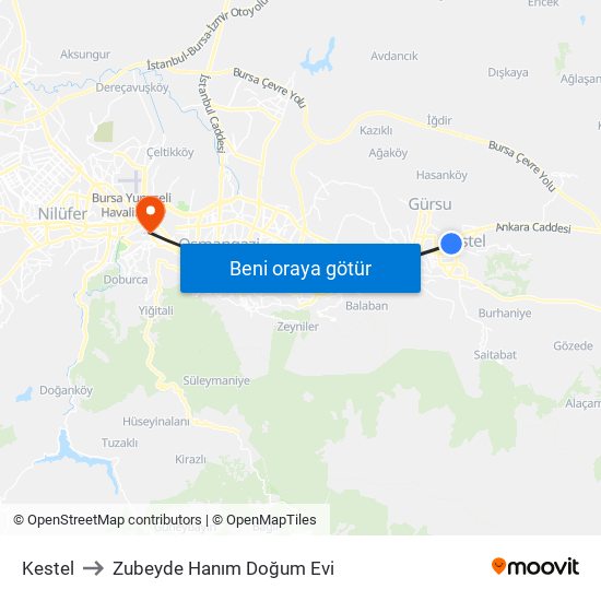 Kestel to Zubeyde Hanım Doğum Evi map