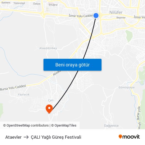 Ataevler to ÇALI Yağlı Güreş Festivali map