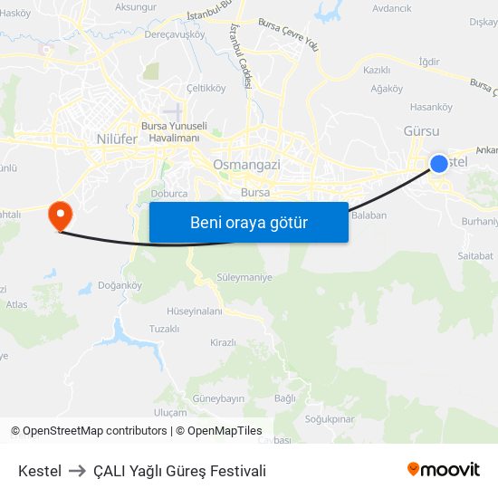Kestel to ÇALI Yağlı Güreş Festivali map