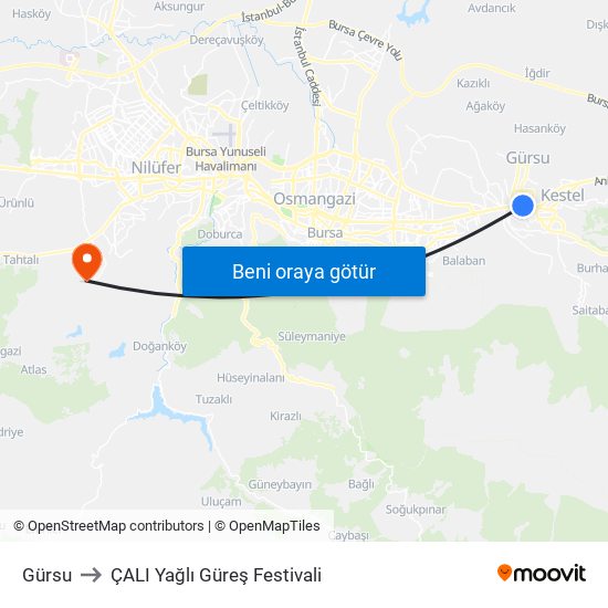 Gürsu to ÇALI Yağlı Güreş Festivali map