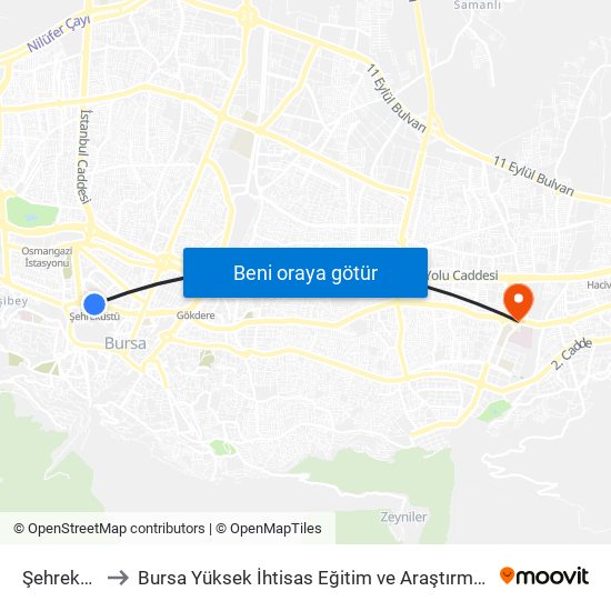 Şehreküstü to Bursa Yüksek İhtisas Eğitim ve Araştırma Hastanesi map