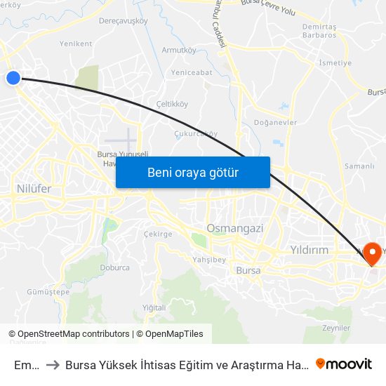 Emek to Bursa Yüksek İhtisas Eğitim ve Araştırma Hastanesi map