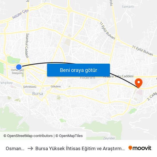 Osmangazi to Bursa Yüksek İhtisas Eğitim ve Araştırma Hastanesi map