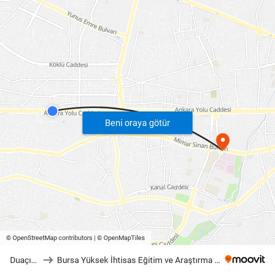 Duaçınarı to Bursa Yüksek İhtisas Eğitim ve Araştırma Hastanesi map