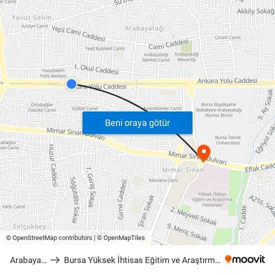 Arabayatağı to Bursa Yüksek İhtisas Eğitim ve Araştırma Hastanesi map