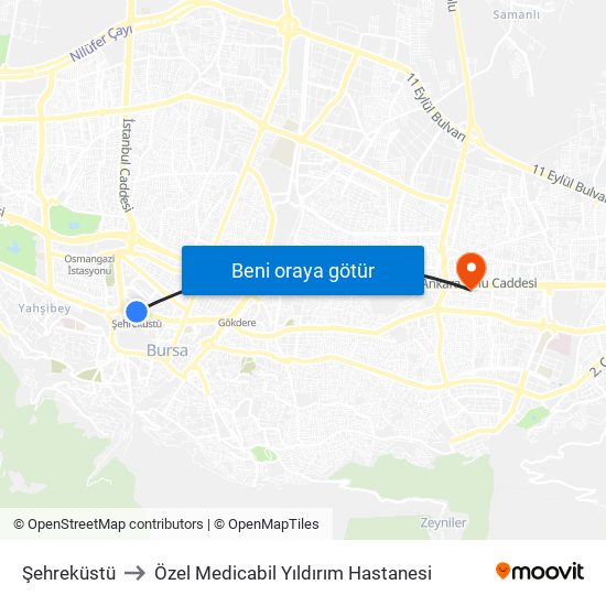 Şehreküstü to Özel Medicabil Yıldırım Hastanesi map