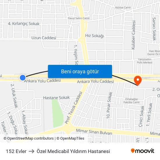 152 Evler to Özel Medicabil Yıldırım Hastanesi map