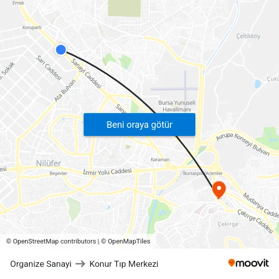 Organize Sanayi to Konur Tıp Merkezi map