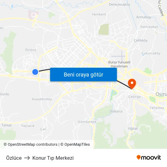Özlüce to Konur Tıp Merkezi map