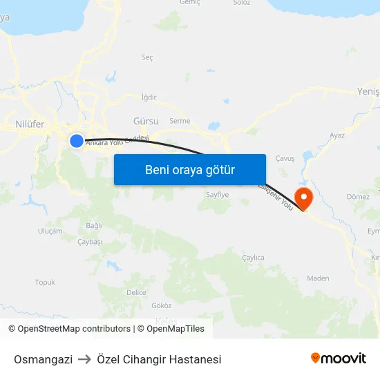 Osmangazi to Özel Cihangir Hastanesi map