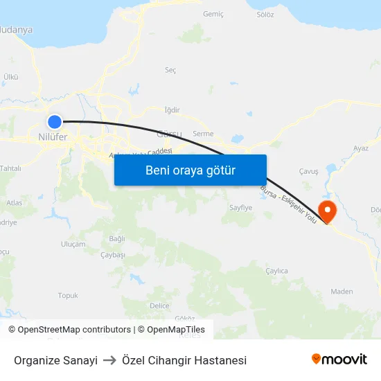 Organize Sanayi to Özel Cihangir Hastanesi map