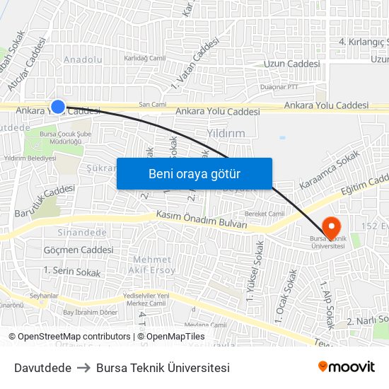 Davutdede to Bursa Teknik Üniversitesi map