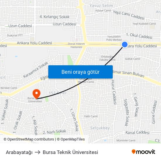 Arabayatağı to Bursa Teknik Üniversitesi map