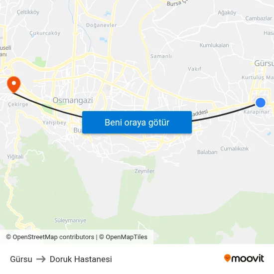 Gürsu to Doruk Hastanesi map