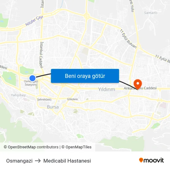 Osmangazi to Medicabil Hastanesi map