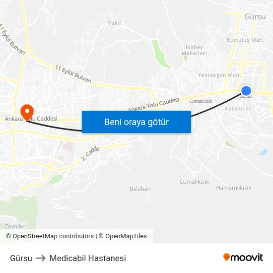 Gürsu to Medicabil Hastanesi map