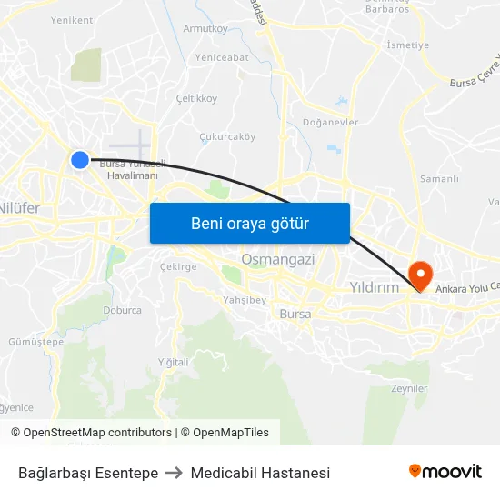 Bağlarbaşı Esentepe to Medicabil Hastanesi map