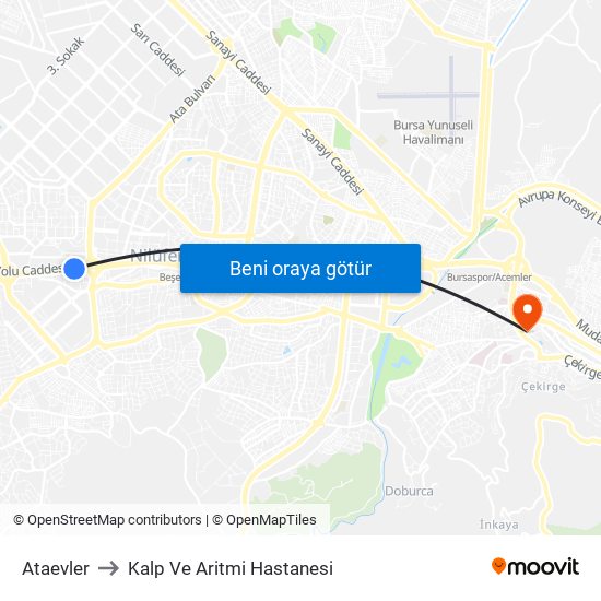 Ataevler to Kalp Ve Aritmi Hastanesi map