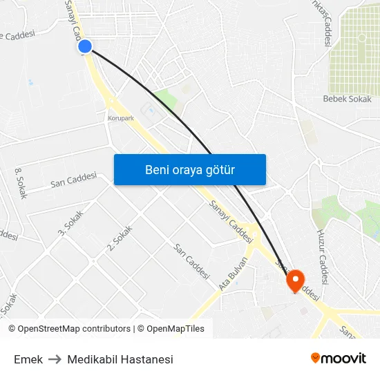 Emek to Medikabil Hastanesi map