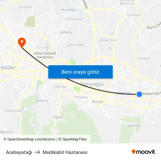 Arabayatağı to Medikabil Hastanesi map