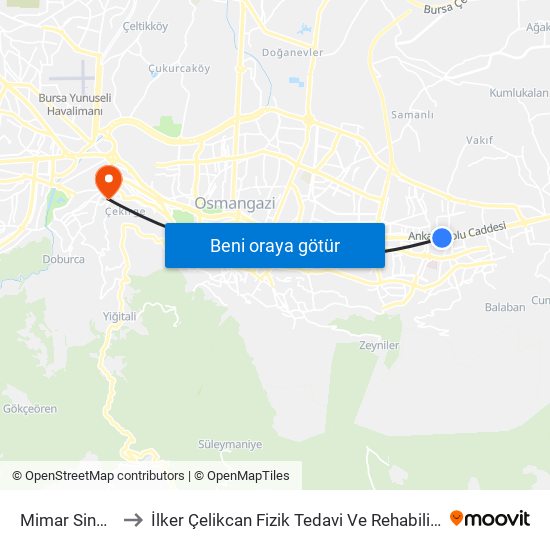 Mimar Sinan / Btü to İlker Çelikcan Fizik Tedavi Ve Rehabilitasyon Hastanesi map