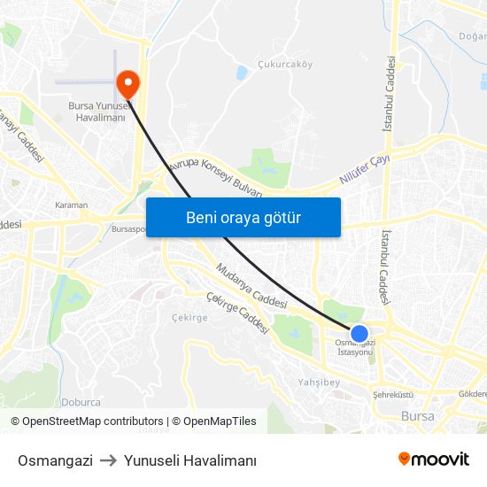 Osmangazi to Yunuseli Havalimanı map