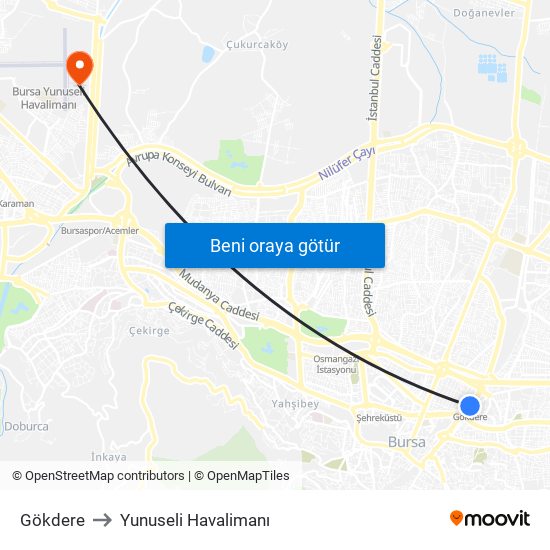 Gökdere to Yunuseli Havalimanı map