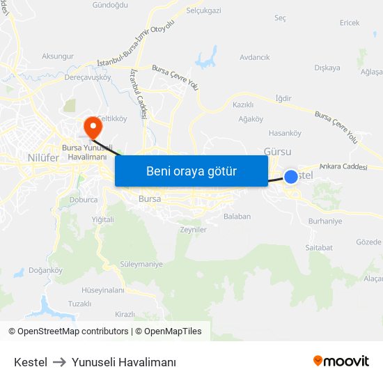 Kestel to Yunuseli Havalimanı map