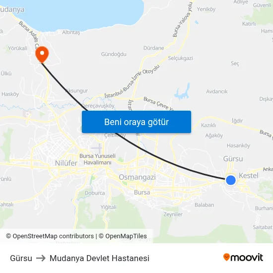 Gürsu to Mudanya Devlet Hastanesi map