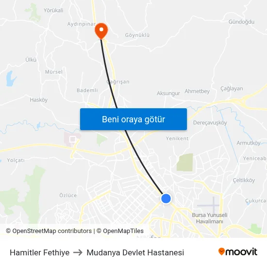 Hamitler Fethiye to Mudanya Devlet Hastanesi map