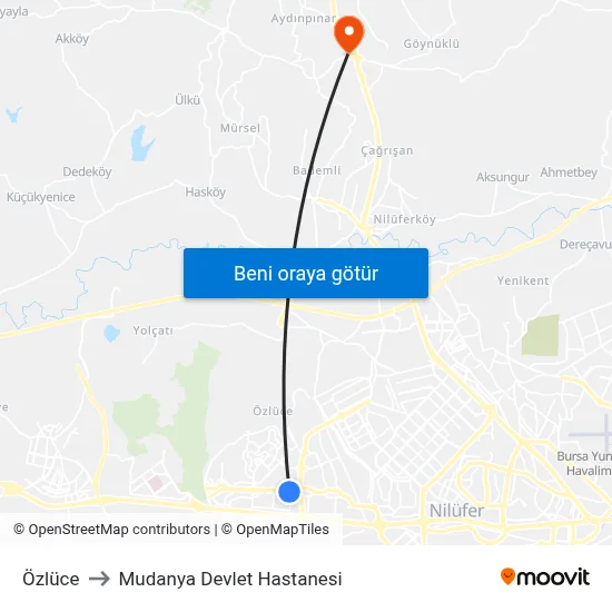 Özlüce to Mudanya Devlet Hastanesi map