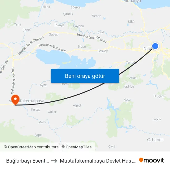 Bağlarbaşı Esentepe to Mustafakemalpaşa Devlet Hastanesi map