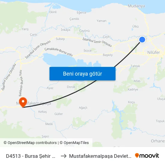 D4513 - Bursa Şehir Hastanesi to Mustafakemalpaşa Devlet Hastanesi map