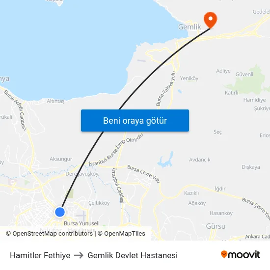 Hamitler Fethiye to Gemlik Devlet Hastanesi map