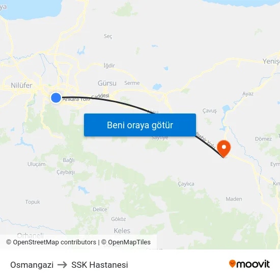 Osmangazi to SSK Hastanesi map
