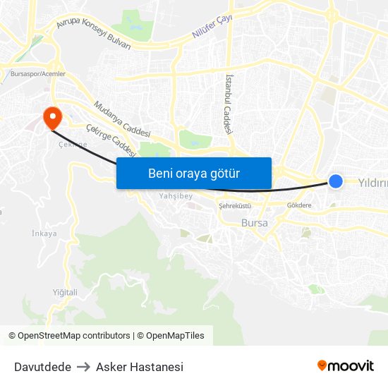 Davutdede to Asker Hastanesi map