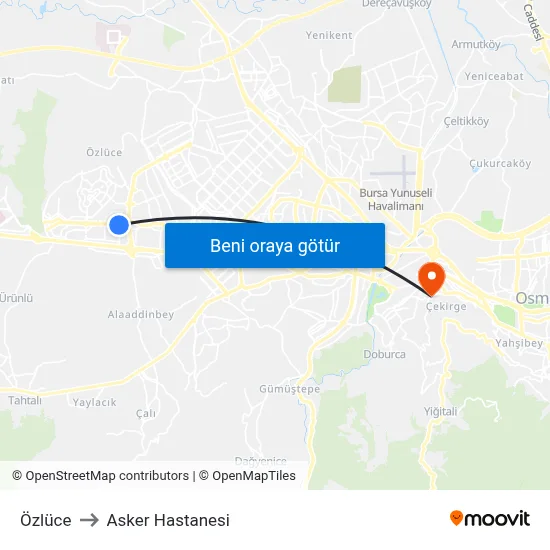 Özlüce to Asker Hastanesi map