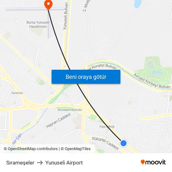 Sırameşeler to Yunuseli Airport map