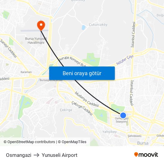 Osmangazi to Yunuseli Airport map