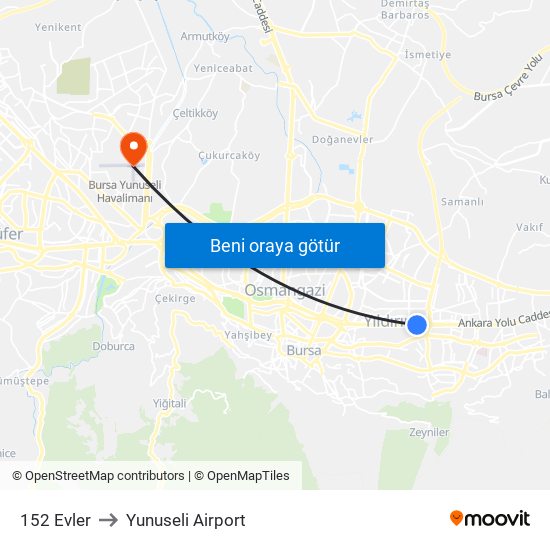 152 Evler to Yunuseli Airport map