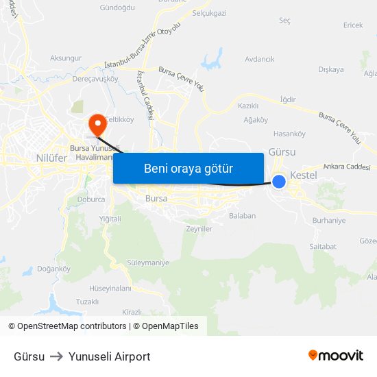 Gürsu to Yunuseli Airport map