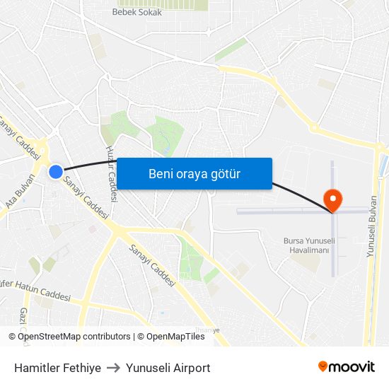 Hamitler Fethiye to Yunuseli Airport map