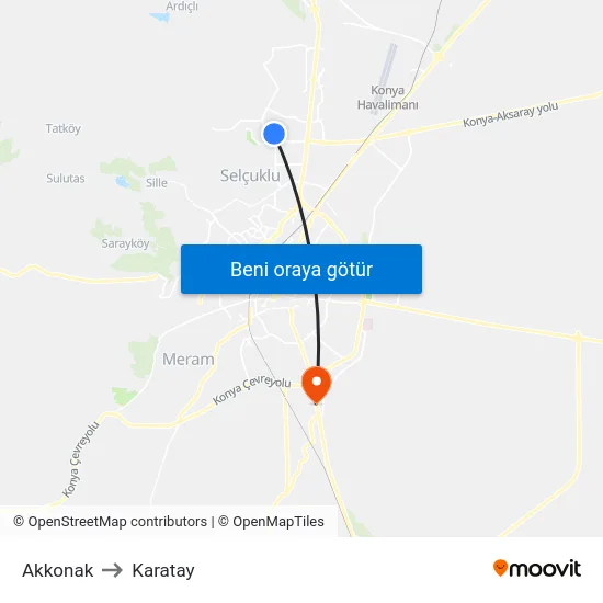 Akkonak to Karatay map