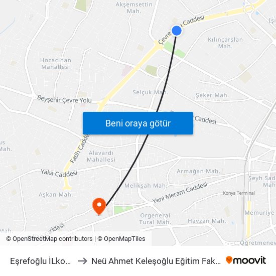 Eşrefoğlu İLkokulu to Neü Ahmet Keleşoğlu Eğitim Fakültesi map