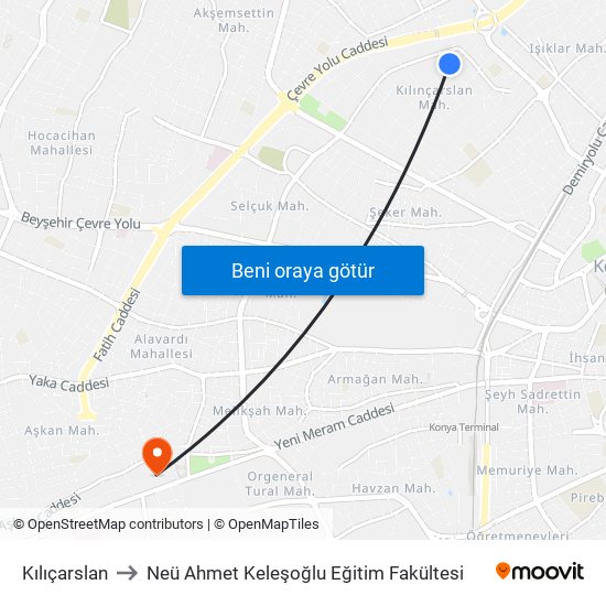 Kılıçarslan to Neü Ahmet Keleşoğlu Eğitim Fakültesi map