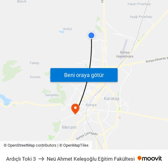 Ardıçlı Toki 3 to Neü Ahmet Keleşoğlu Eğitim Fakültesi map