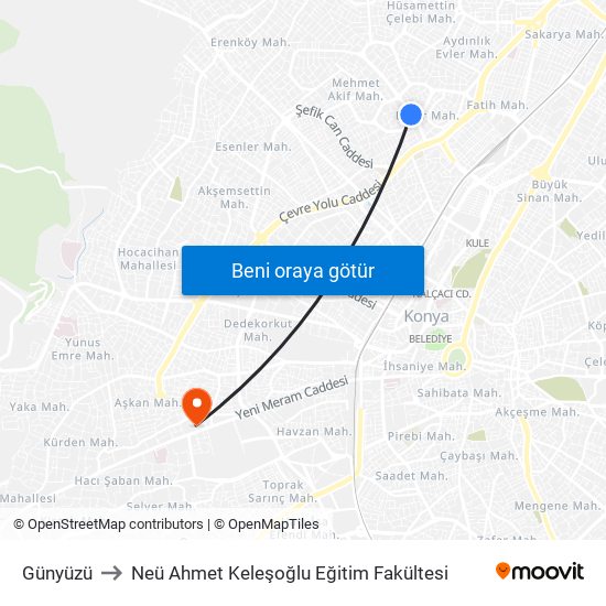 Günyüzü to Neü Ahmet Keleşoğlu Eğitim Fakültesi map