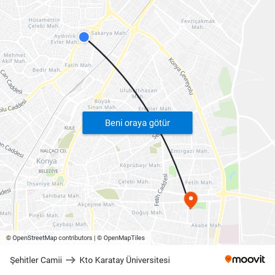Şehitler Camii to Kto Karatay Üniversitesi map