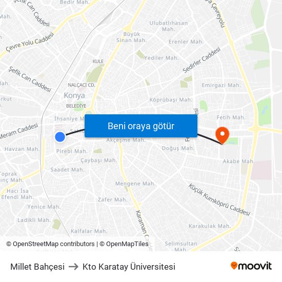 Millet Bahçesi to Kto Karatay Üniversitesi map